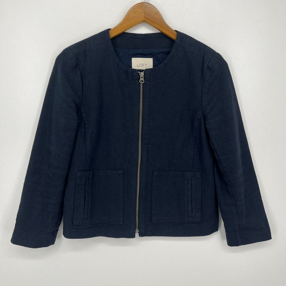 Ann‎ Taylor Linen Jacket Women's Size 0 Black Full Zip 3/4 Sleeve Pockets